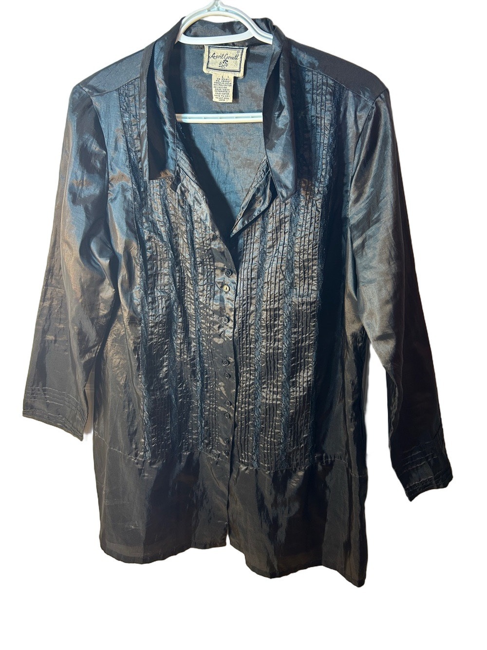 April Cornell Black Satin Pintuck Button-Front Blouse size large